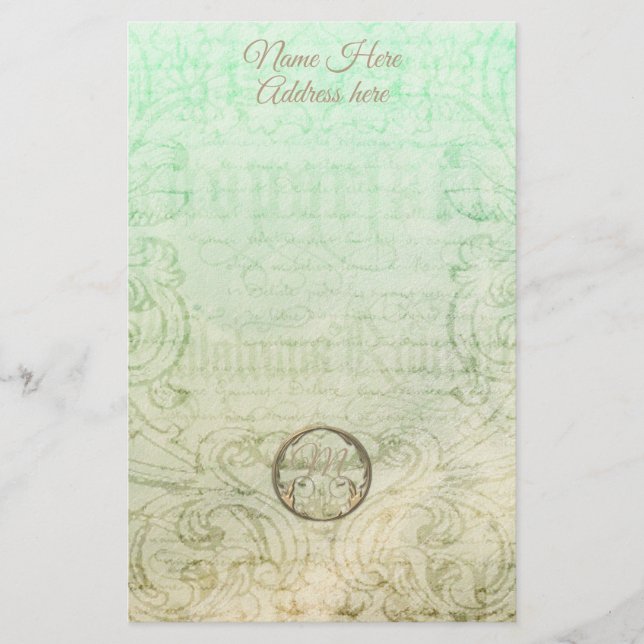 Victorian damask script gold green elegant stationery (Front)