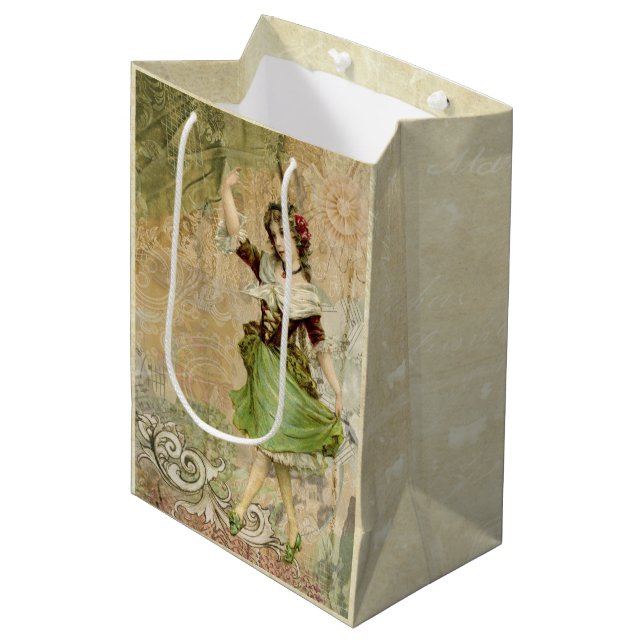 Victorian Dancing Girl Green Red Rose Gift Bag (Front Angled)