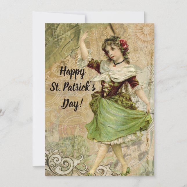 Victorian Dancing Girl in Green St. Patrick's Day Holiday Card (Front)