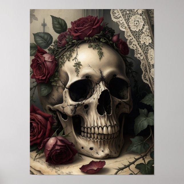 Victorian Dark Academia Gothic Skull with Roses Poster (Front)