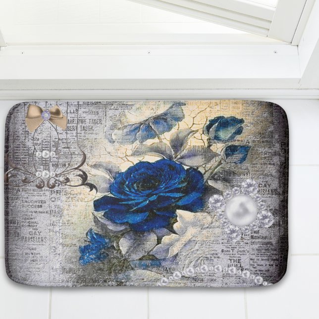 Victorian Dark Blue Rose Ephemera Bath Mat (Creator Uploaded)