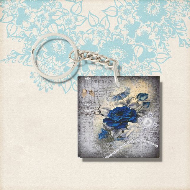 Victorian Dark Blue Rose Ephemera Key Ring (Creator Uploaded)