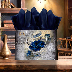 Victorian Dark Blue Rose Ephemera Large Gift Bag