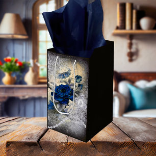 Victorian Dark Blue Rose Ephemera Medium Gift Bag