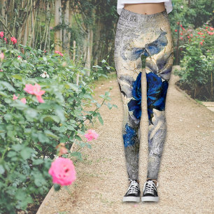 Victorian Dark Blue Rose Ephemera Vintage Chic Leggings