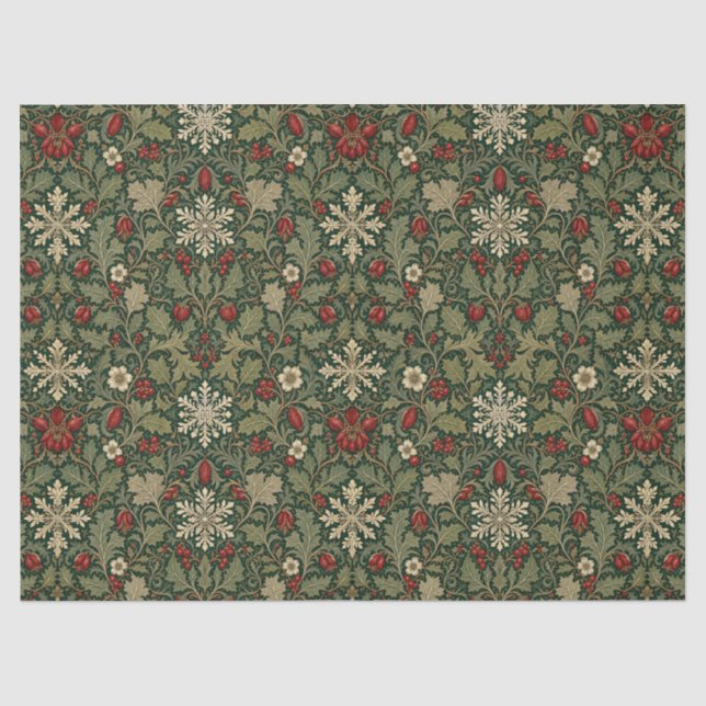 Victorian Dark Botanical red berry William Morris Tissue Paper (Front)