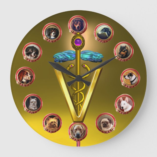 VICTORIAN DOG PORTRAITS CADUCEUS VETERINARY SYMBOL LARGE CLOCK (Front)