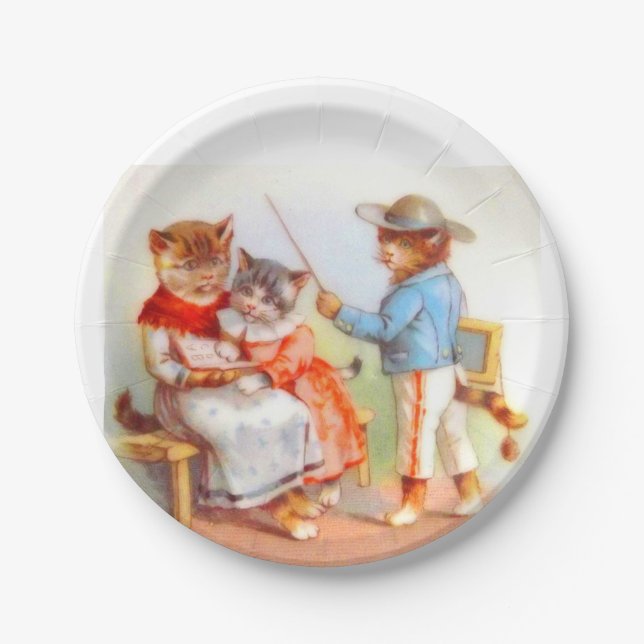 Victorian dressed kitty cats family paper plate (Front)