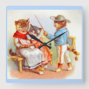 Victorian dressed kitty cats family print square wall clock