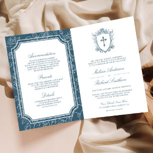 Victorian Dusty Blue Catholic QR Code Wedding Invitation