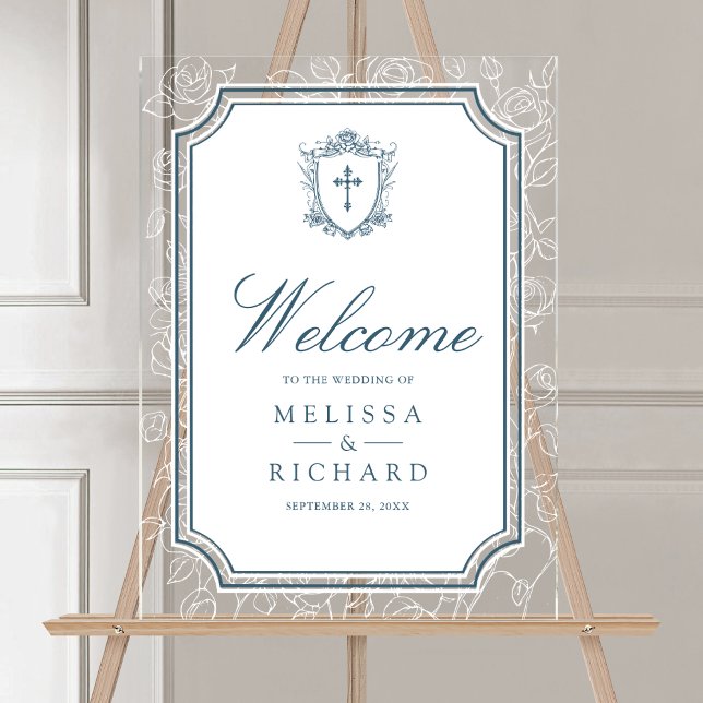 Victorian Dusty Blue Catholic Wedding Welcome Acrylic Sign (Creator Uploaded)