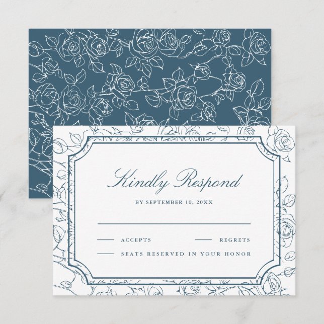 Victorian Dusty Blue Floral Line Art Wedding RSVP Card (Front/Back)