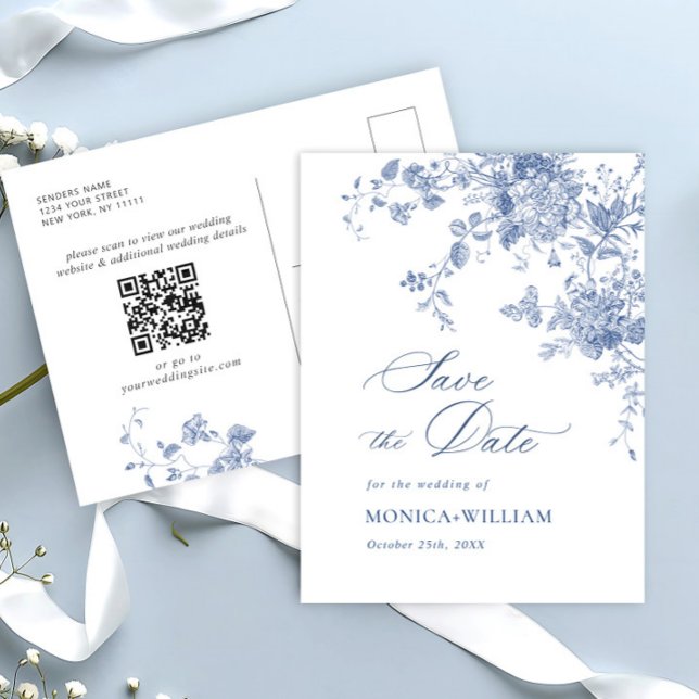 Victorian Dusty Blue Floral Wedding Save the Date Postcard (Creator Uploaded)