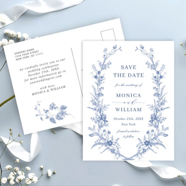 Victorian Dusty Blue Floral Wedding Save the Date Postcard (Creator Uploaded)