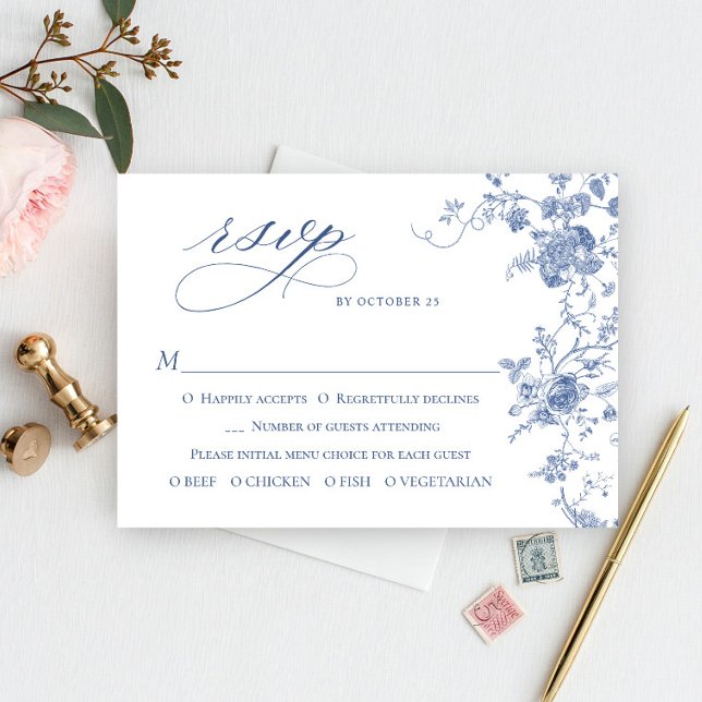 Victorian Dusty Blue French Garden Floral Wedding RSVP Card (Creator Uploaded)