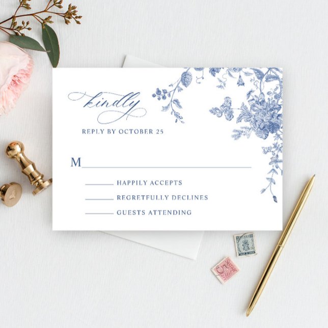 Victorian Dusty Blue French Garden Floral Wedding RSVP Card (Creator Uploaded)