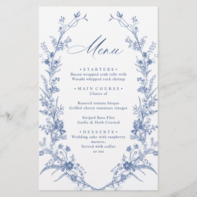 Victorian Dusty Blue French Garden Wedding Menu (Front)