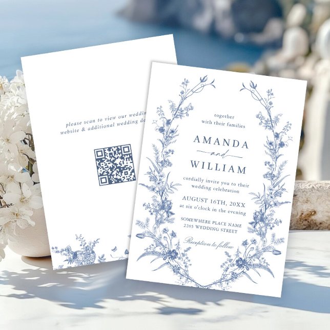 Victorian Dusty Blue French Garden Wedding QR code Invitation (Creator Uploaded)