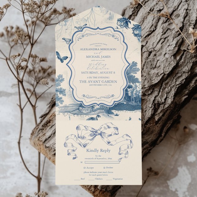 Victorian Dusty Blue French Toile Wedding All In One Invitation (Creator Uploaded)