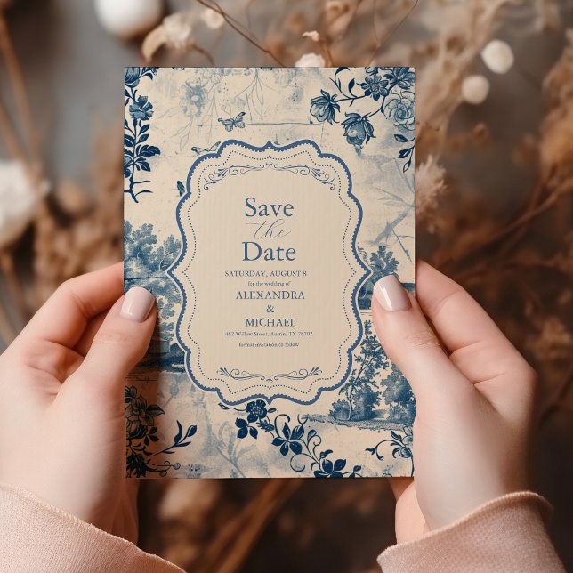 Victorian Dusty Blue French Toile Wedding Save The Date (Creator Uploaded)