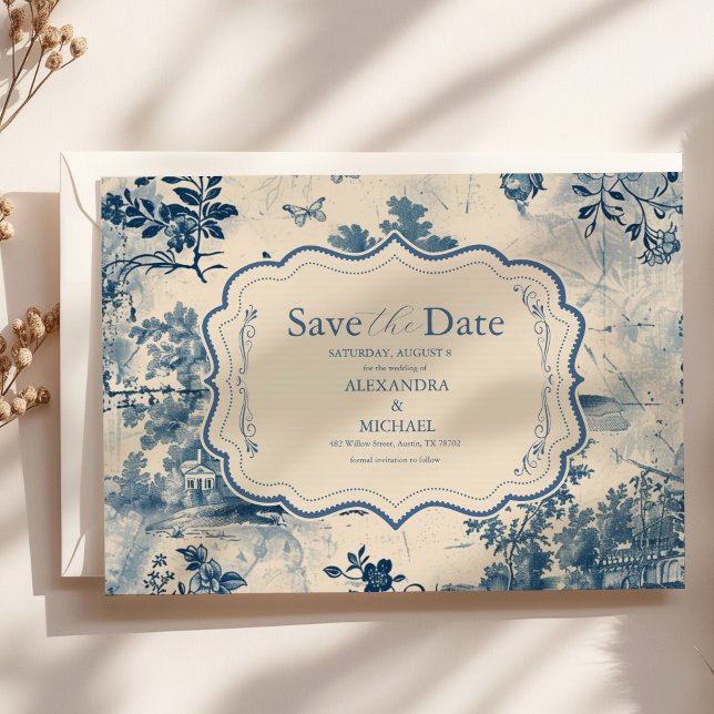 Victorian Dusty Blue French Toile Wedding Save The Date (Creator Uploaded)