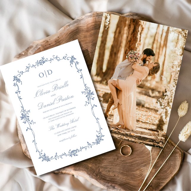 Victorian Dusty Blue Photo Monogram Wedding  Invitation (Creator Uploaded)