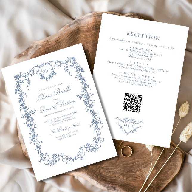 Victorian Dusty Blue QR Code Floral Wedding Invitation (Creator Uploaded)