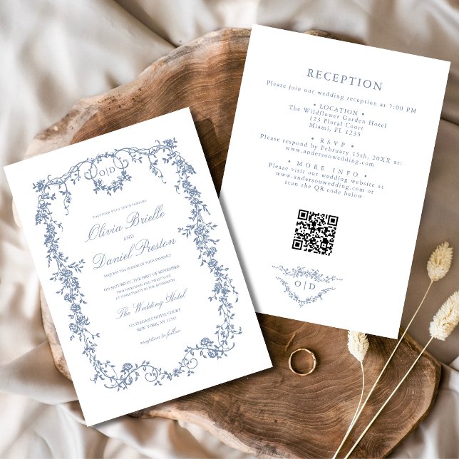 Victorian Dusty Blue QR Code Floral Wedding Invitation (Creator Uploaded)