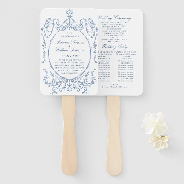 Victorian Dusty Blue Wedding Ceremony Program Hand Fan (Front and Back)