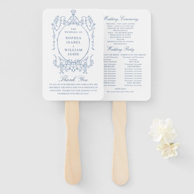 Victorian Dusty Blue Wedding Ceremony Program Hand Fan (Front and Back)