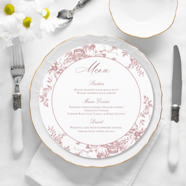 Victorian Dusty Pink French Garden Wedding Dinner Menu (Creator Uploaded)