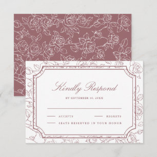 Victorian Dusty Rose Floral Line Art Wedding RSVP Card