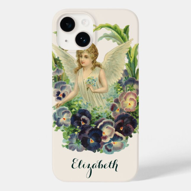 Victorian Easter Angel with Purple Pansy Flowers Case-Mate iPhone Case (Back)
