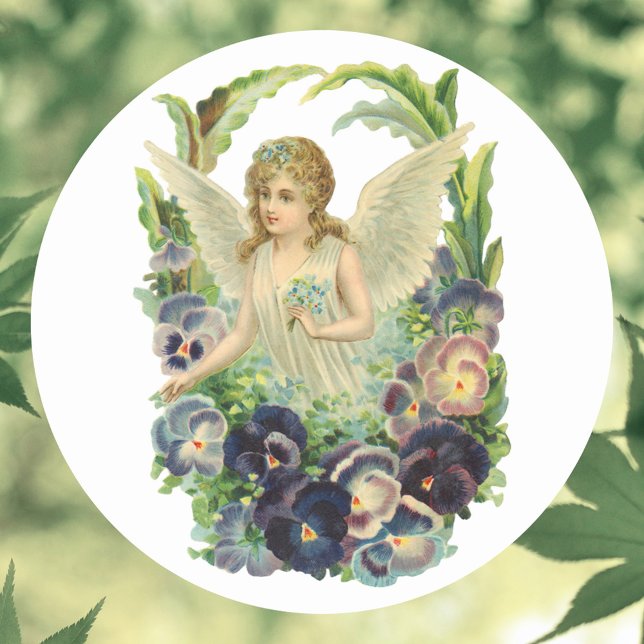 Victorian Easter Angel with Purple Pansy Flowers Classic Round Sticker (Creator Uploaded)
