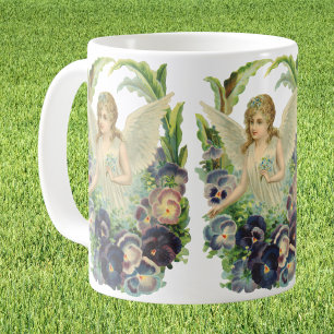 Victorian Easter Angel with Purple Pansy Flowers Coffee Mug