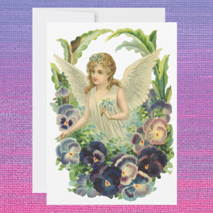 Victorian Easter Angel with Purple Pansy Flowers Holiday Card