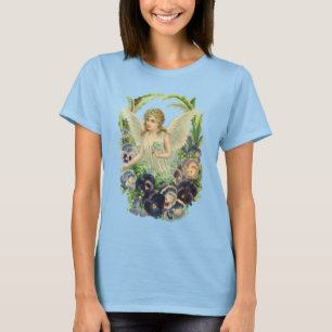 Victorian Easter Angel with Purple Pansy Flowers T-Shirt