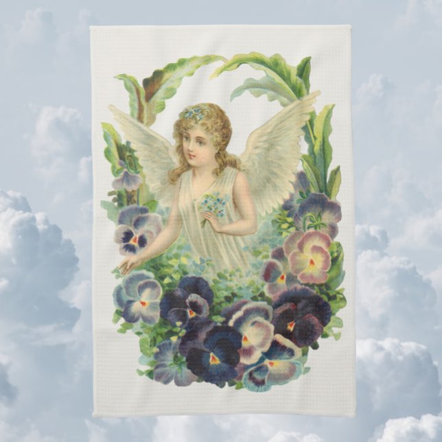 Victorian Easter Angel with Purple Pansy Flowers Tea Towel (Creator Uploaded)