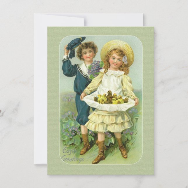 Victorian Easter Children & Chicks in Pinafore Holiday Card (Front)