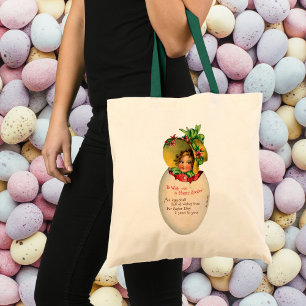 Victorian Easter, Vintage Girl with Bonnet in Egg Tote Bag