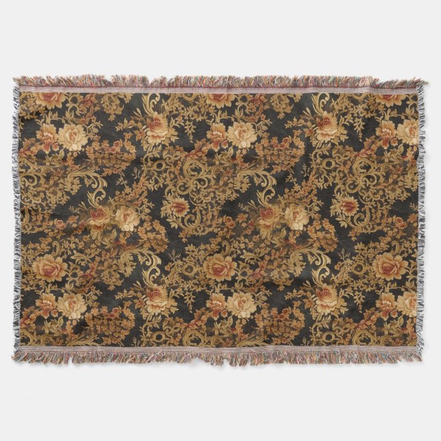 Victorian Elegant Floral Roses Black Throw Blanket (Front)