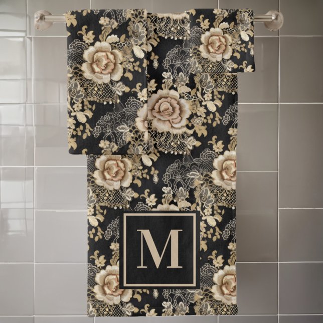 Victorian Elegant Roses Black Monogram Bath Towel Set (Creator Uploaded)