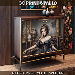 Victorian elegant woman in black dress on a sofa  tissue paper