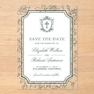 Victorian Emerald Catholic Wedding Save the Date Acrylic Invitations
