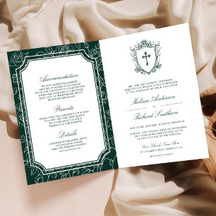 Victorian Emerald Green Catholic QR Code Wedding Invitation