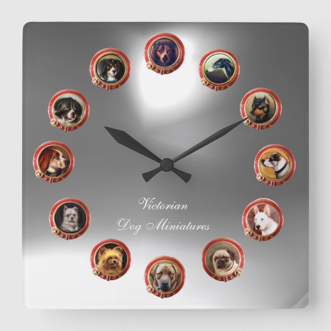 VICTORIAN ENAMELS MINIATURE DOG PORTRAITS White Square Wall Clock (Front)