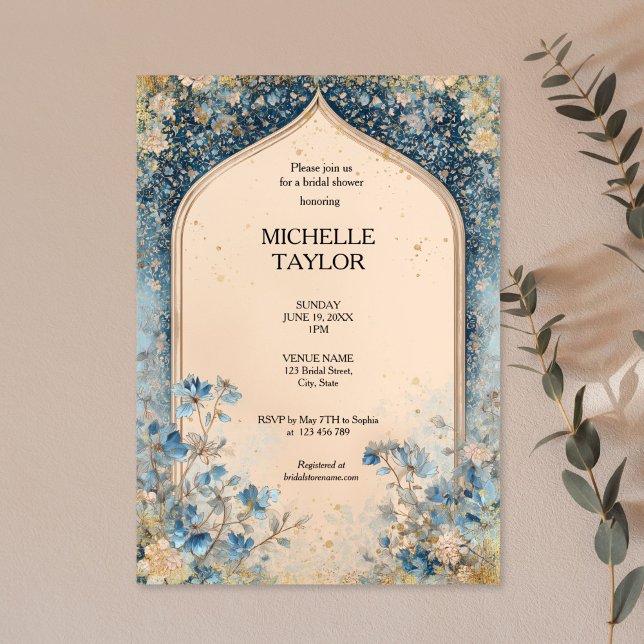 Victorian Enchanted Garden Elegant Floral Bridal Invitation (BLUE AND GOLD FLORAL ARCH BRIDAL SHOWER INVITATION)