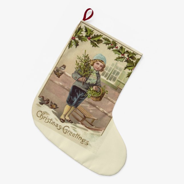 Victorian English Boy Christmas Greetings Large Christmas Stocking (Front (Hanging))