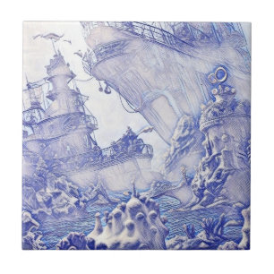 Victorian Era Fantasy Sea Tiles Blue and White 5