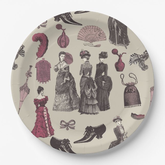 victorian era fashion women toile beige paper plate (Front)